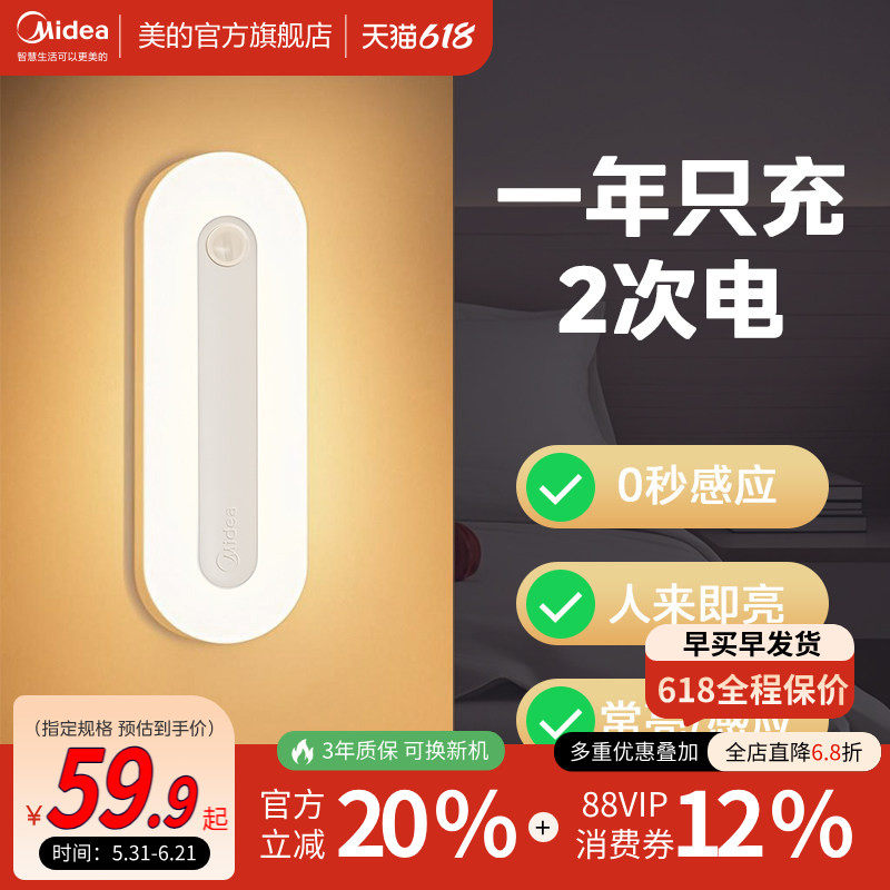 美的智能人体自动感应灯夜间人来即亮人走即灭走廊过道入户门壁灯