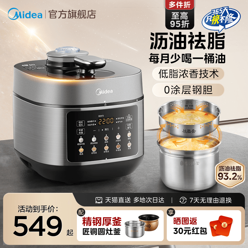 美的低脂浓香电压力锅家用新款不锈钢大容量高压锅电饭煲官方正品