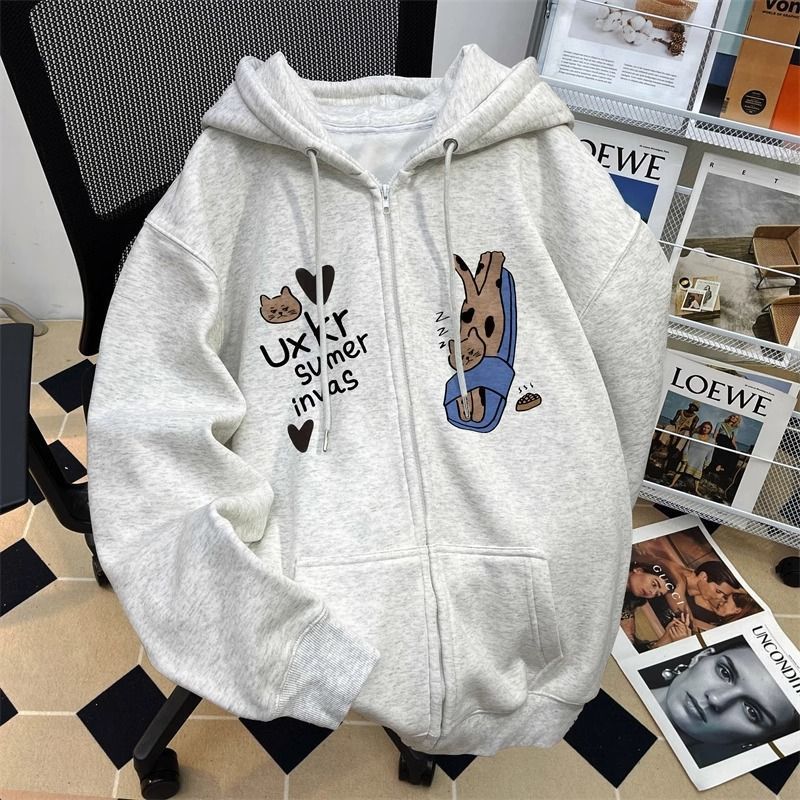 秋冬美式复古开衫拉链连帽卫衣女