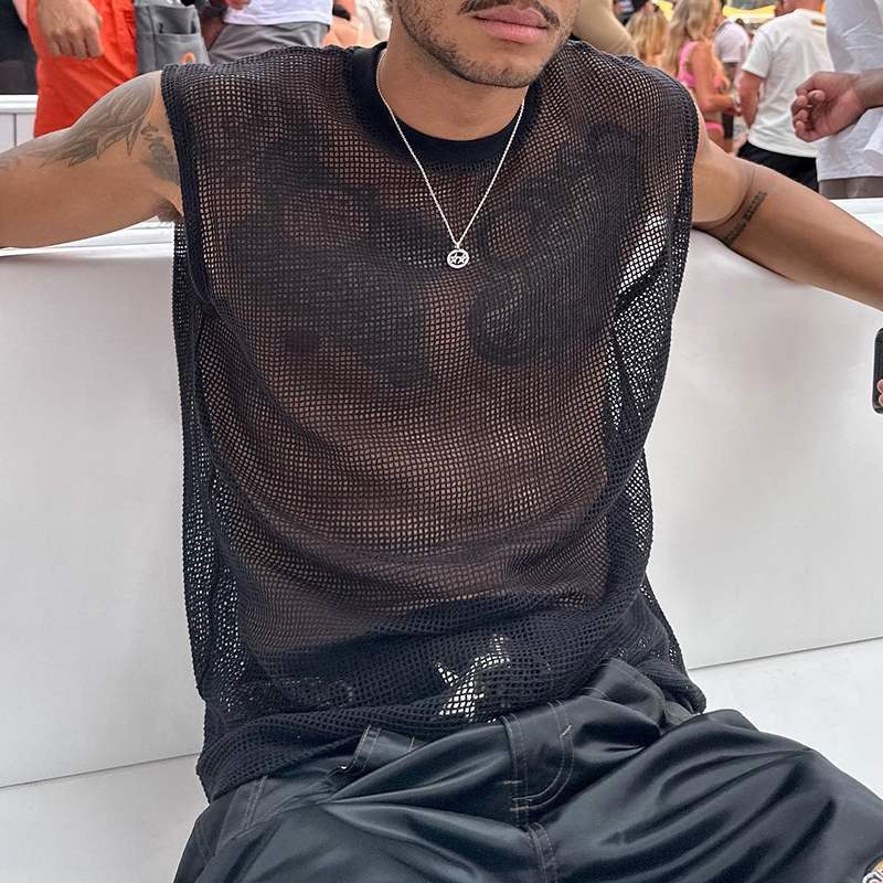 欧美男装舒适感网纱圆领T恤男士