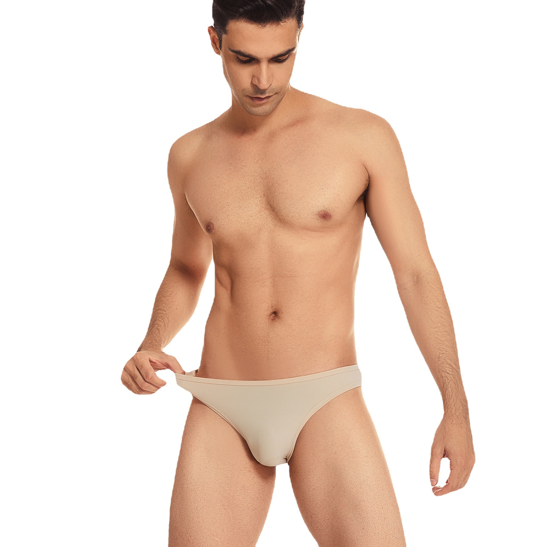 新款欧美.锦纶罗纹坑条弹力贴身低腰男士舒适感三角裤紧身