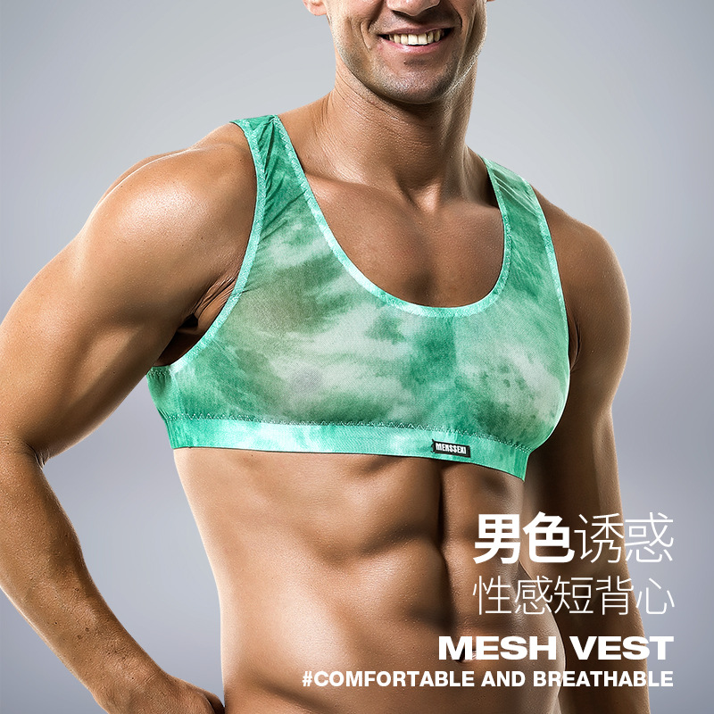 男士透气网纱半透明舒适印花背心