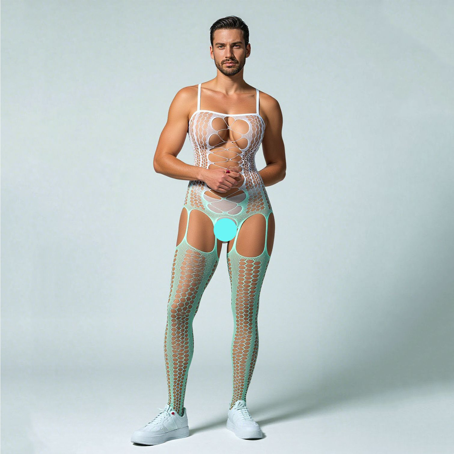 渐变色开档连体网衣男舒适渔网衣