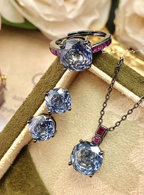 八角千禧玫瑰切蓝灰吊坠项链新款高碳钻艳丽彩宝粉钻指环黑套装
