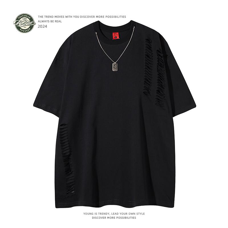 头条街  美式带配饰破洞纯色短袖t恤男女小众百搭潮流宽松半袖t恤