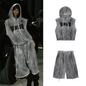 badblood美式 复古水洗做旧连帽卫衣马甲辣妹跳舞休闲运动无袖 外套