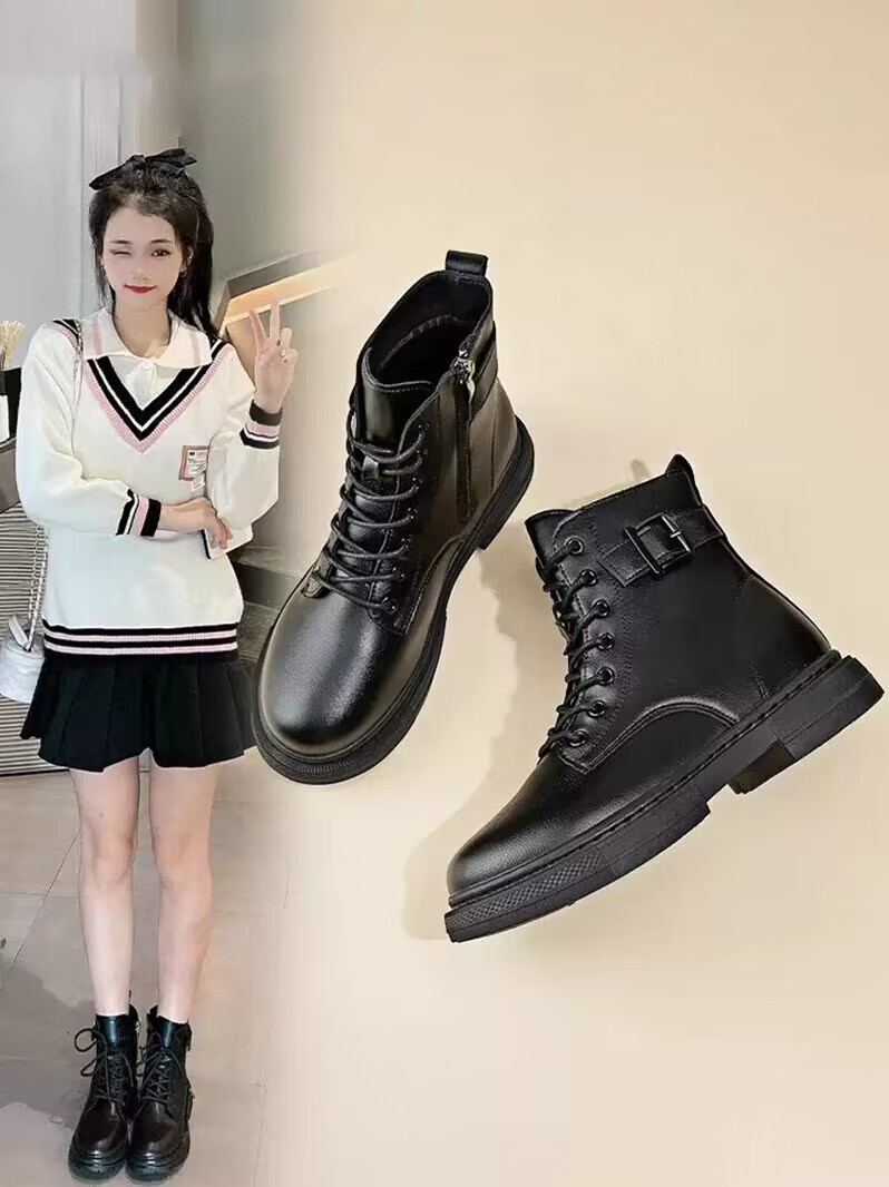 马丁靴加绒舒适软底短筒靴搭扣