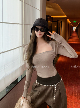 F PROJECT【秀智】软糯加绒保暖方领假两件纯欲风显瘦辣妹打底衫