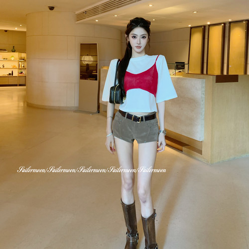 F PROJECT【时髦港女】纯色短袖T恤针织吊带两件套套装女百搭