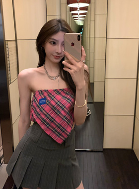 F PROJECT【辣妹必入款】格纹小标三角抹胸女夏季外穿一字肩上衣