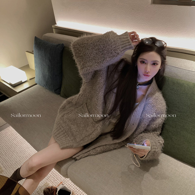 F PROJECT【秋日奶栗】圈圈羊毛加厚V领毛衣开衫冬季慵懒保暖外套