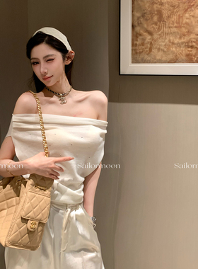 F PROJECT【智性松弛】一字肩荡领T恤慵懒烫钻短袖羊毛针织上衣