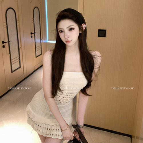 F PROJECT【珍珠尤物】荷叶边针织收腰镂空珍珠抹胸连衣裙设计感