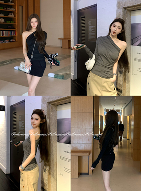 F PROJECT【kria美留子】易梦玲同款莱赛尔不对称褶皱斜肩上衣女