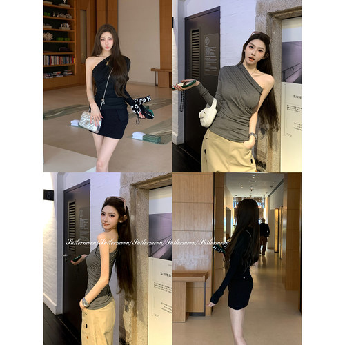 F PROJECT【kria美留子】易梦玲同款莱赛尔不对称褶皱斜肩上衣女