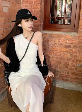 F PROJECT【怦然心动】双层雪纺斜肩网纱连衣裙女气质显瘦长裙子