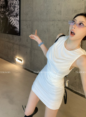 F PROJECT【晨雾网纱】修身显瘦无袖褶皱包臀裙*腰部镂空*连衣裙