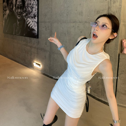 F PROJECT【晨雾网纱】修身显瘦无袖褶皱包臀裙*腰部镂空*连衣裙