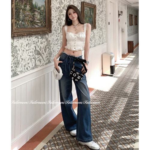 F PROJECT【王炸博主裤】复古猫须毛边系带阔腿直筒早春牛仔裤