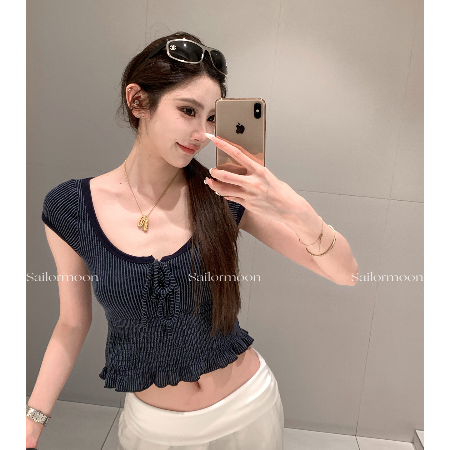 F PROJECT书信少女 大圆领木耳边打揽条纹绑带紧身短袖上衣女显瘦
