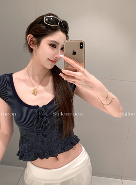 F PROJECT书信少女 大圆领木耳边打揽条纹绑带紧身短袖上衣女显瘦