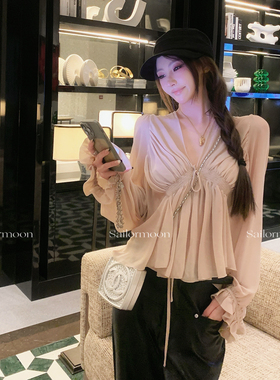 F PROJECT【雾纱暮光】温柔风褶皱绑带雪纺衫女设计感V领纯欲上衣