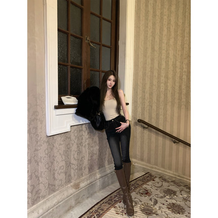 1.9/20点【韩女高光神腿裤】加绒小脚牛仔裤女高腰紧身显瘦九分裤