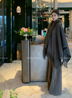 F PROJECT【伯爵千金】1oo澳洲羊毛流苏披肩狐狸毛领保暖斗篷