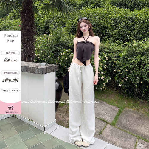 6.26/20点【有机生活】抽绳棉麻直筒休闲裤女慵懒宽松显瘦拖地裤