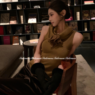 F PROJECT【蚀夜绽金】重工花边！堆堆领无袖羊毛银丝针织上衣女