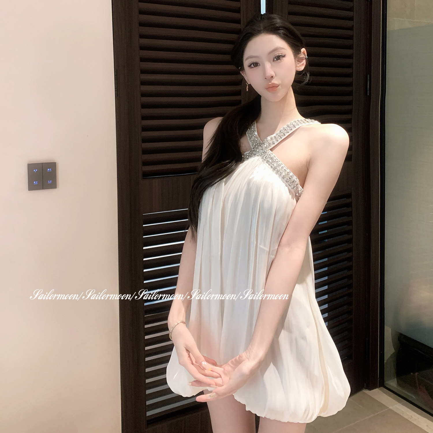 F PROJECT【浮影月光】重工镶钻交叉挂脖千金短裙纯欲雪纺连衣裙