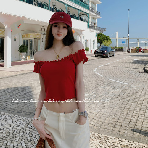 F PROJECT【浆果】美式荷叶边斜肩T恤女修身显瘦短袖上衣