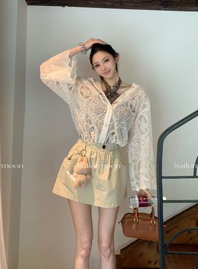 F RPOJECT【浪漫可视】蕾丝钩花镂空提花连帽长袖防晒衬衫外套