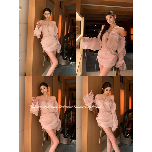 F PROJECT【【甜御双修】】重工密拷花朵收腰连衣裙一字肩包臀裙