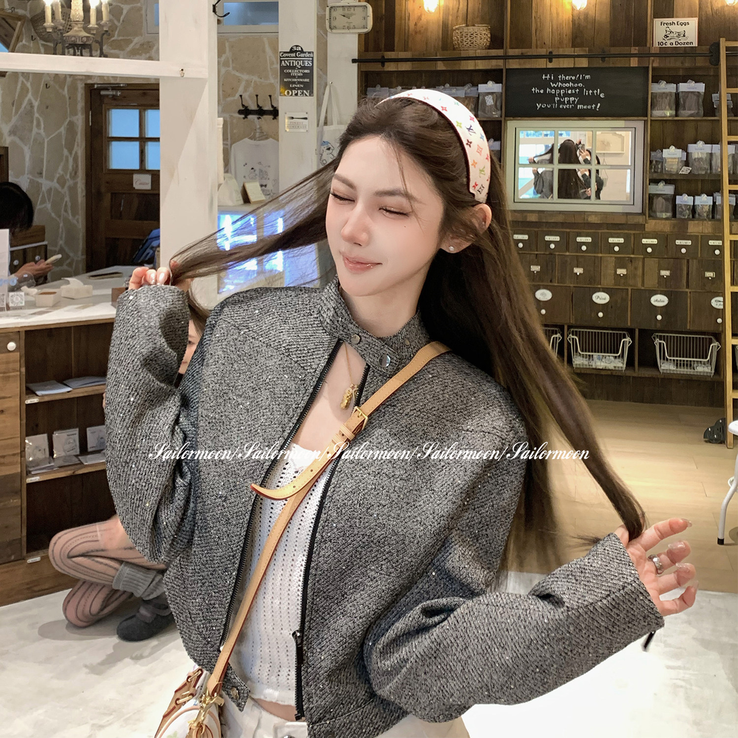 F PROJECT【凯拉尔】高级灰色腔调粗花呢亮片立领拉链短外套夹克