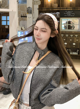 2.4/20点【凯拉尔】高级灰色腔调粗花呢小亮片立领拉链短外套夹克