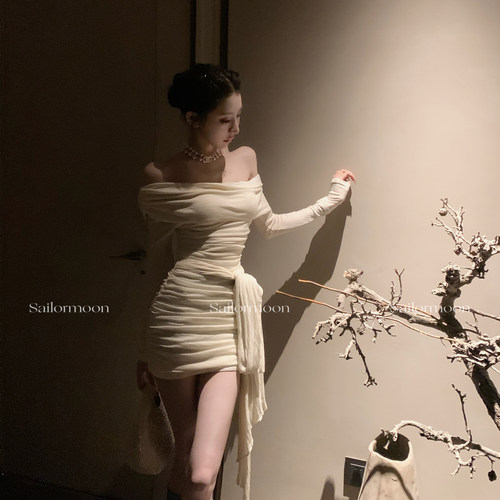 F PROJECT【缪斯女神】一字肩针织裙收腰显瘦褶皱绑带紧身连衣裙