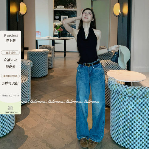 4.9/20点【fitzroy街区】水洗蓝显瘦直筒牛仔裤女春百搭长裤子