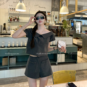 PROJECT 套装 miu学院 衬衫 短裤 一字肩后背拉链短袖 上衣 女夏