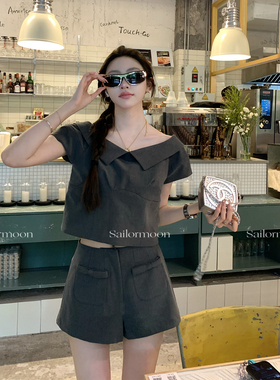 F PROJECT【miu学院】一字肩后背拉链短袖衬衫上衣/短裤套装女夏