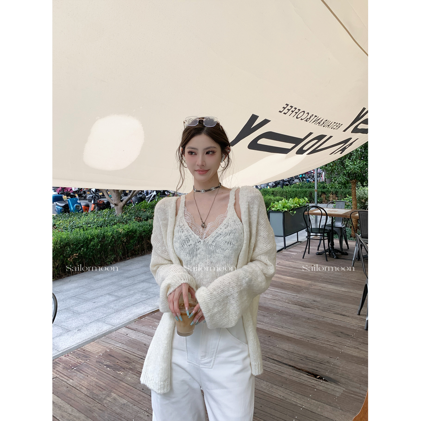 F RPOJECT【白桃之恋】蕾丝拼接吊带上衣+针织开衫毛衣两件套套装