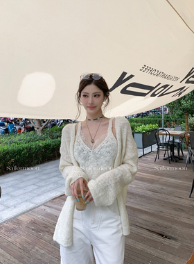 F RPOJECT【白桃之恋】蕾丝拼接吊带上衣+针织开衫毛衣两件套套装