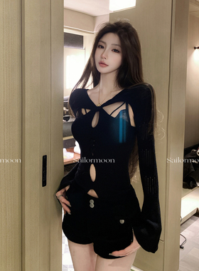 F PROJECT【前卫讯号】扭结镂空针织衫修身长袖羊毛打底衫正反穿