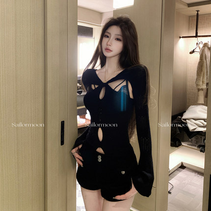 F PROJECT【前卫讯号】扭结镂空针织衫修身长袖羊毛打底衫正反穿