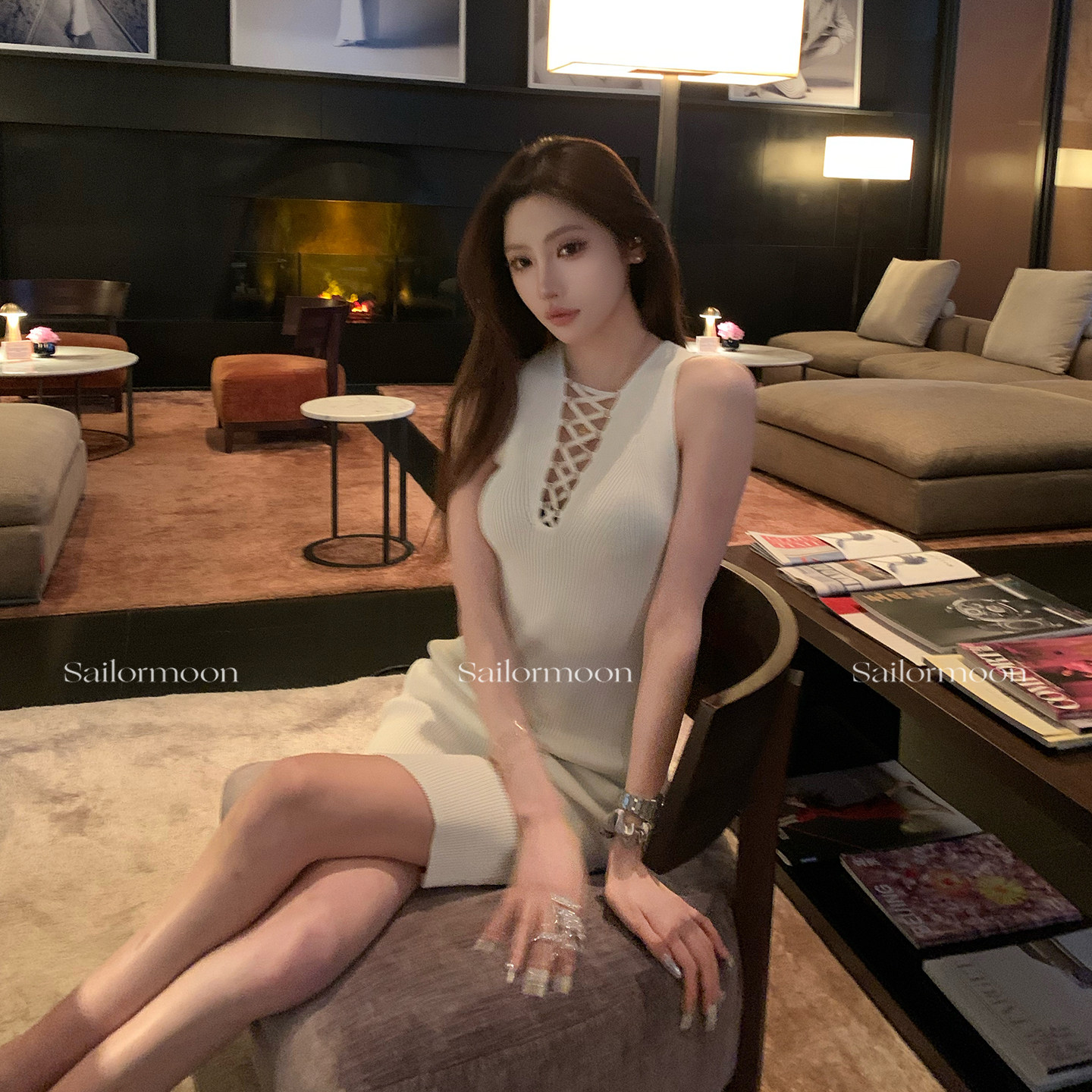 F PROJECT 娇贵浓颜 超绝绑带V领坑条镂空无袖气质弹力针织包臀裙