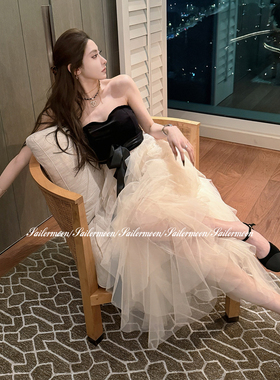 F PROJECT【天鹅之舞】丝绒抹胸拼接多层网纱蛋糕裙绑带连衣裙