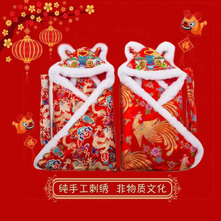 纯手工新生儿中国风刺绣加厚虎头抱被婴儿披风虎头包被婴儿盖被