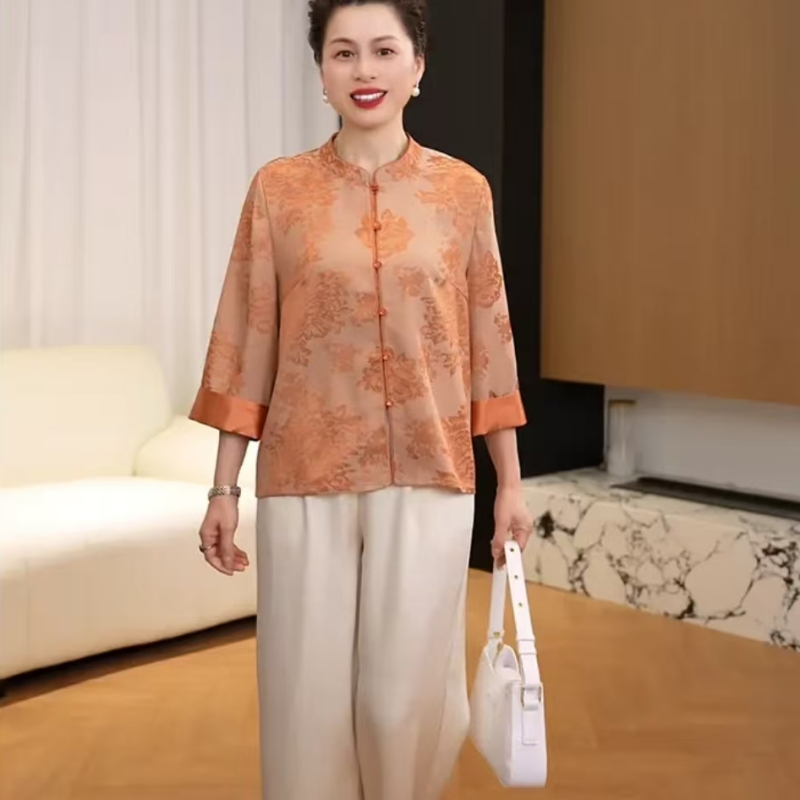 媽媽夏裝國風(fēng)套裝2025新中式印花襯衫闊腿褲兩件套寬松遮肚上衣