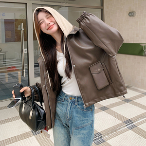 现货有买家秀！2024秋季新款连帽皮衣外套女123-7090-P165-K228图片