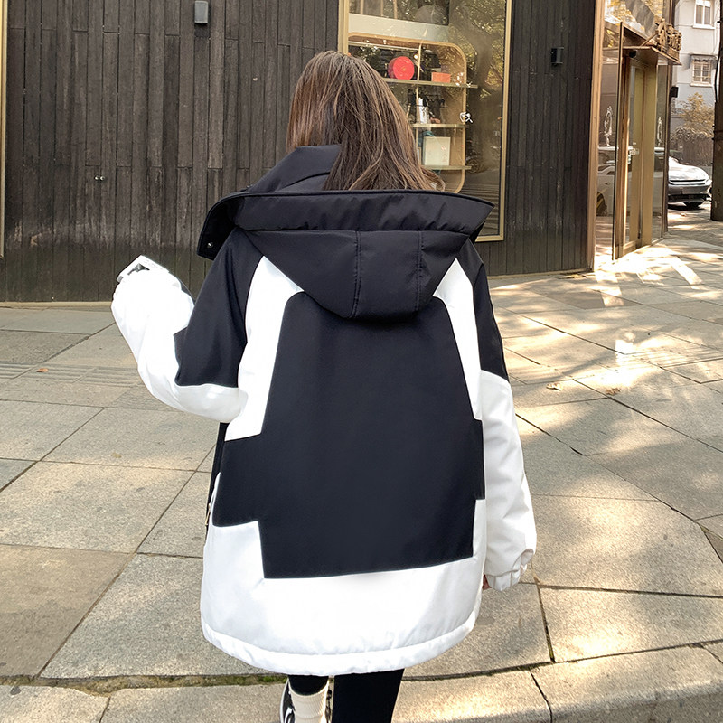 黑白撞色连帽工装派克服羽绒服女2024冬季新款时尚加厚白鸭绒外套,女装羽绒服,浙宝123